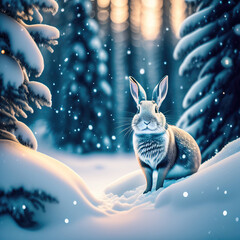 Aufkleber - Cute gray hare in a beautiful snowy winter forest. AI generated.
