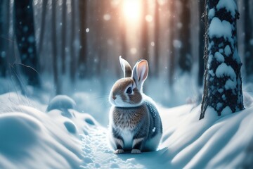 Aufkleber - Cute gray hare in a beautiful snowy winter forest. AI generated.