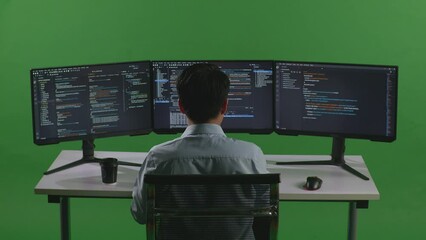 Back View Of Tired Asian Man Sleeping While Working With Mock Up Multiple Computer Monitor In Green Screen Studio
