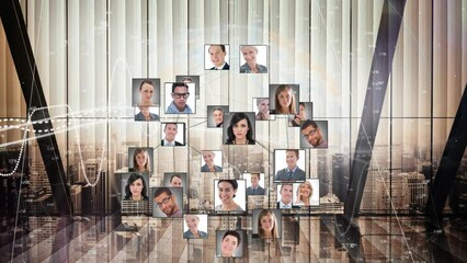 Sticker - Animation of network of digital people photos over empty office