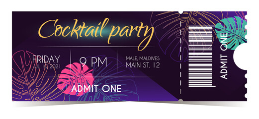 Wall Mural - Cocktail summer party vintage black, pink and purple colored vector tickets for admit one	