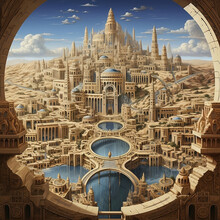 This Is A Very Detailed Rendering Of An Ancient City In Ancient Times, In The Style Of Technological Symmetry, Desertwave, Elisabeth Sonrel, Peter Gric, Historical Reproductions, Mythological Symbolis