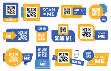 Advertising symbols with QR code, barcode. Quick transition to the site or the required information using a smartphone. Vector illustration