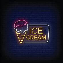 Neon Sign Ice Cream With Brick Wall Background Vector