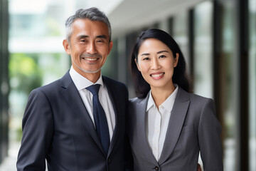 Wall Mural - Happy confident professional mature business man and business woman corporate leaders managers standing in office, two diverse colleagues executives team posing together, portrait