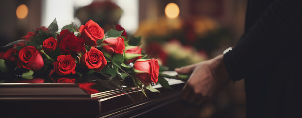 a grieving woman says goodbye to a deceased relative by placing a bouquet of red roses on the coffin lid, legal AI