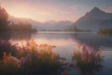 Sunrise Over Lake, Tranquil Lake With A Sunset, Misty Mountains In The Distance, And Vibrant Flora In The Foreground