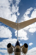 Tail of a private jet aircraft, blue and white against a cloudy blue sky - vertical