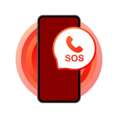 Wall Mural - SOS on the phone. Flat, red, SOS call, red screen phone. Vector illustration