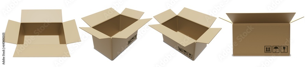 cardboard box mockup set with symbols from side, front and top view ...