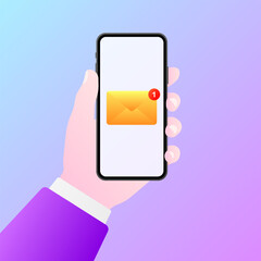 Aufkleber - New notification on phone. Flat, color, envelope on the screen, phone in hand. Vector illustration