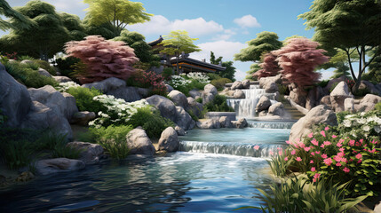 Hyperreal depiction of a tranquil garden with flowing water