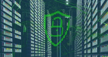 Poster - Animation of padlock in shield and dynamic waves over large data server room