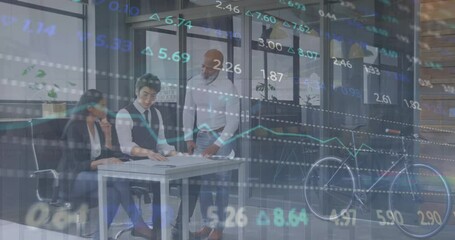 Wall Mural - Animation of graphs and trading board over diverse architects discussing blueprint