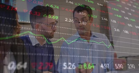 Poster - Animation of graphs and trading board over diverse coworkers sharing ideas in meeting at office
