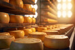 Close-up in cheese factory, cheese production, illustration. Generative AI. Cheese storage, dairy, food and meal, image