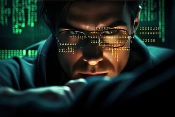 Concept of modern computer technology and programming. The programmer's face is close-up against the background of the code while programming and creating innovative solutions to global issues.