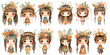 watercolor painting style illustration of cute young bohemian girl with floral headdress collection set, Generative Ai