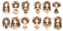 Watercolor Style Illustration Of Cute Fairy Girl Wearing Flower Crown Collection Set,  Generative Ai