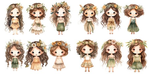 Wall Mural - watercolor style illustration of cute fairy girl wearing flower crown collection set,  Generative Ai