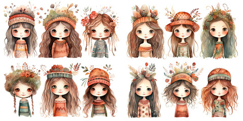  watercolor painting style illustration of cute young bohemian girl autumn season outfit set, Generative Ai