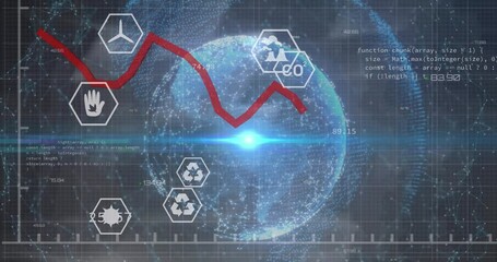 Poster - Animation of multiple icons, graphs with numbers, computer language over connected dots globe