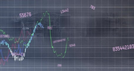 Poster - Animation of multiple graphs and changing numbers over aerial view of modern cityscape sky