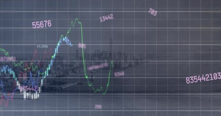 Poster - Animation of multiple graphs and changing numbers over modern cityscape and sea against sky