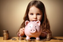 Little Girl With Piggy Bank In A Room