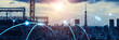 © metamorworks - Modern city panorama and wireless communication network concept. Wide angle visual for banners or advertisements.