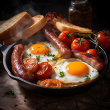 Grilled Meat With Vegetables And Eggs, English Breakfast, Ai Generated