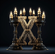 Gothic Cathedral-themed Font, 3d Render Letter X Surrounded By Cathedral Candlestick Caps: Each Letter Takes The Form Of An Ornate Candlestick Holder