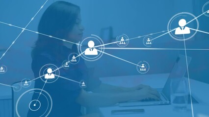 Poster - Animation of connected people icons moving over caucasian businesswoman working over laptop