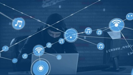 Aufkleber - Animation of connected wifi and music icons, coding, caucasian computer hacker using computer