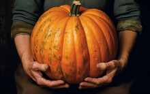 A Farmer Holding A Large Pumpkin, Front View
