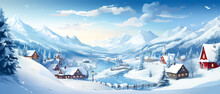 Winter Christmas Landscape. Countryside View. Christmas Holidays Greeting Card. Vacations Concept With Snowy Hills, Houses. Mountains Ski Resort, Hotel. Winter Scenery Illustration. Generative AI