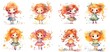 © QuietWord - watercolor painting style illustration of cute happy girl cartoon collection set, Generative Ai
