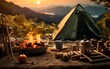 Naturverbundene Idylle: Zelt und Lagerfeuer in der freien Natur