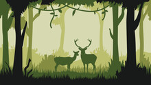 World Wildlife Day With Silhouettes Of Deer, Simple Forest Background, Male And Female Deer Background