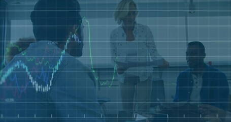 Poster - Animation of financial data processing over caucasian woman giving documents to colleagues at office