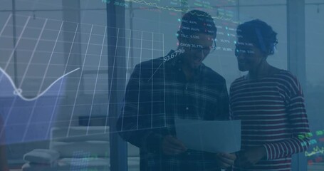 Poster - Animation of stock market data processing over diverse man and woman discussing over a document