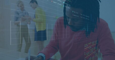 Poster - Animation of stock market data processing over african american man taking notes at office