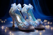 Pair of sparkling Cinderella-like shoes capturing the enchanting fairy tale essence and the bride's dreams of love, love  