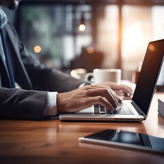 male office worker hand doing work with laptop on the desk in the office