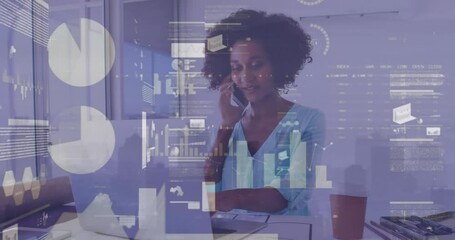 Poster - Animation of statistical data processing over african american woman talking on smartphone at office