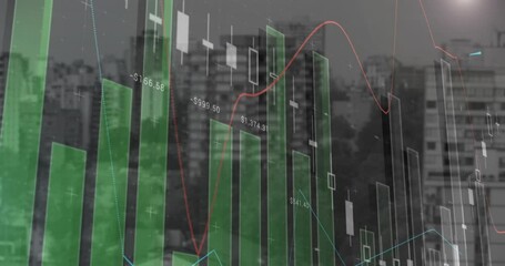 Poster - Animation of financial data processing against view of a tall buildings