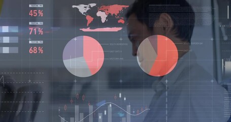 Poster - Animation of statistical data processing against asian man talking on smartphone in the bus