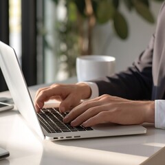 male office worker hand doing work with laptop on the desk in the office