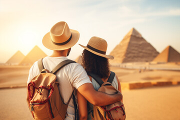 Wall Mural - Travel, leisure, lifestyle, vacation concept. Young couple traveling in Egypt. Giza pyramid in background during sunny and hot day in desert. Generative AI