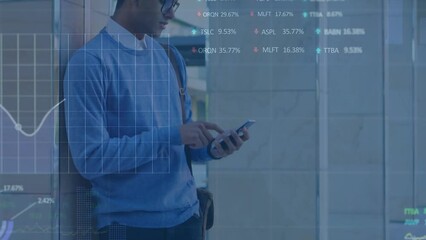 Poster - Animation of statistical, stock market data processing over biracial man using smartphone at office
